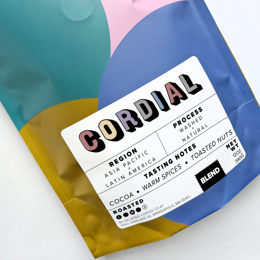 Relative Coffee Co blend Cordial bag. Specialty coffee with a blend of Asia Pacific and Latin America coffee. The process' are washed and natural. Tasting notes of cocoa, warm spices, and toasted nuts. Coffee is roasted medium-dark.